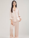 100% Mulberry Silk Ostrich Feather Trim Pajama Set