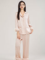 100% Mulberry Silk Ostrich Feather Trim Pajama Set