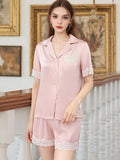 100% Mulberry Silk Lace Trim Short Sleeve Pajama Shorts Set
