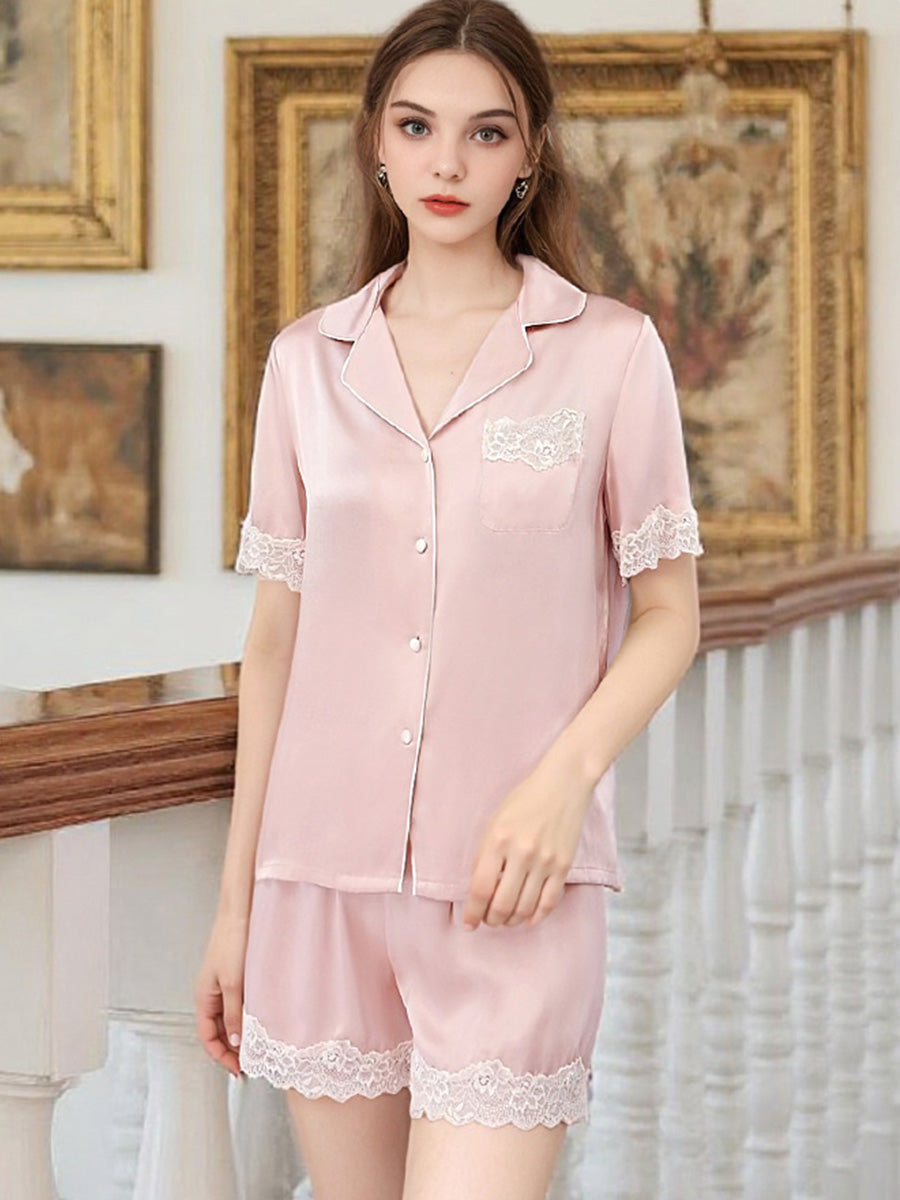 100% Mulberry Silk Lace Trim Short Sleeve Pajama Shorts Set