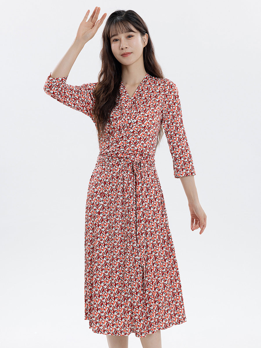 Geometric Print Tie Waist Silk Blend Midi Dress