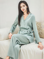 100% Mulberry Silk Belted Notched Collar Long Sleeve Pajama Set