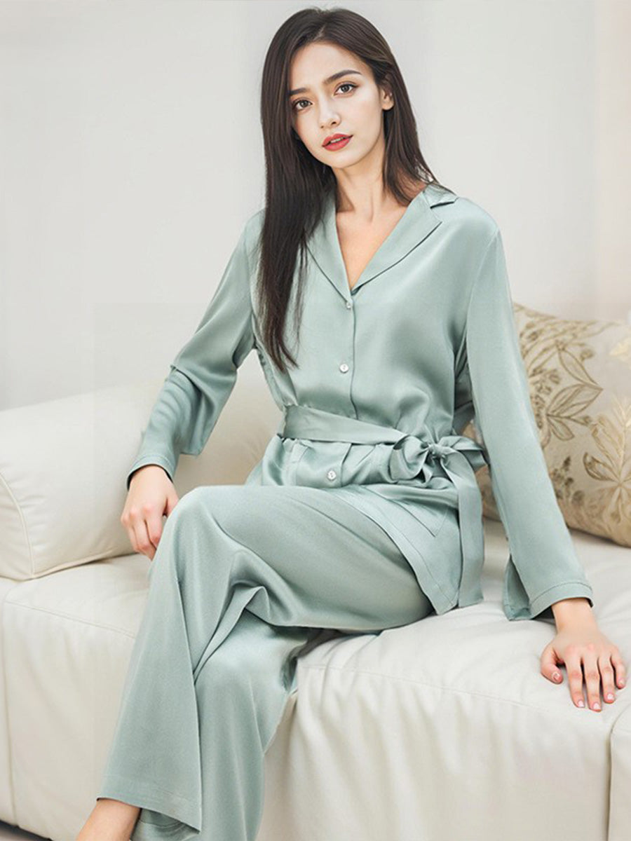 100% Mulberry Silk Belted Notched Collar Long Sleeve Pajama Set