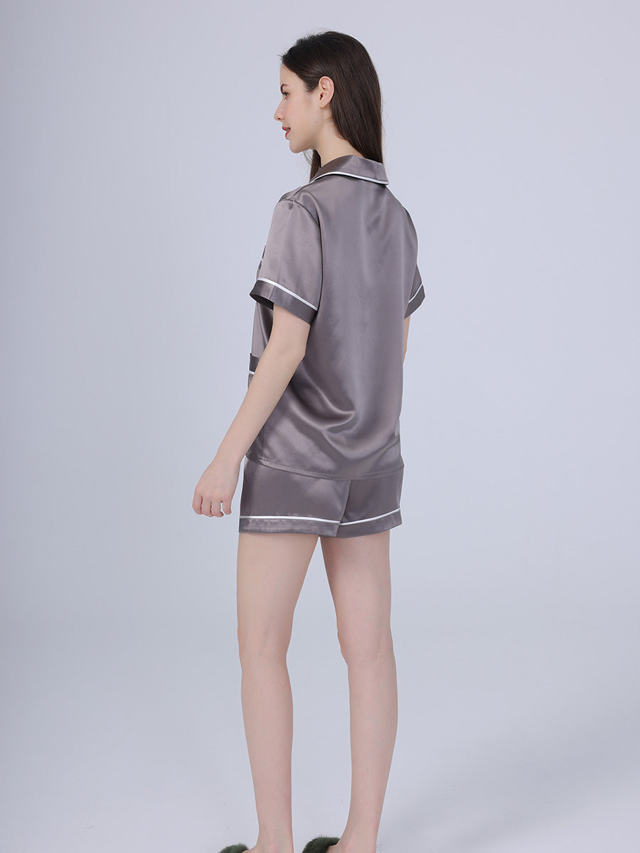 25 Momme Silk Short Sleeve Pajama Set with Contrast Piping