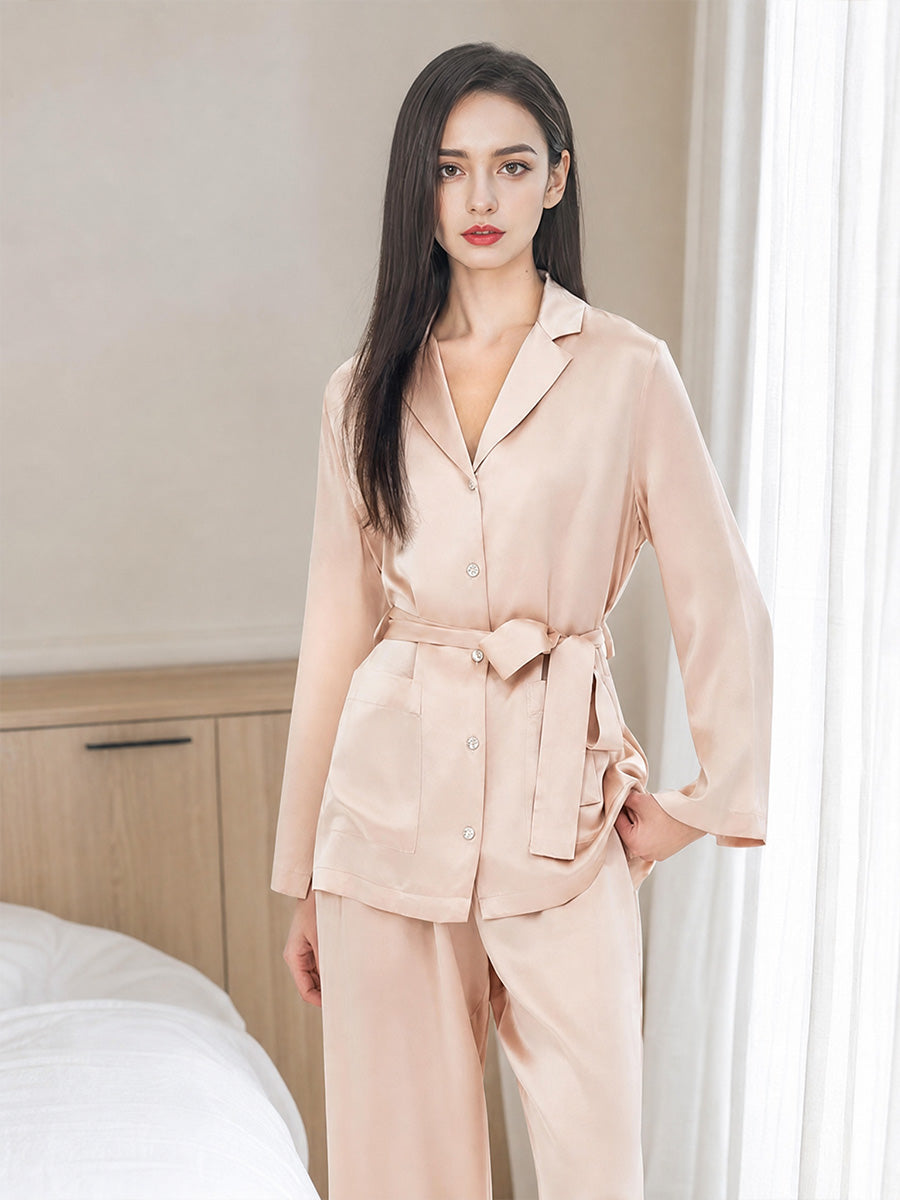 100% Mulberry Silk Belted Notched Collar Long Sleeve Pajama Set