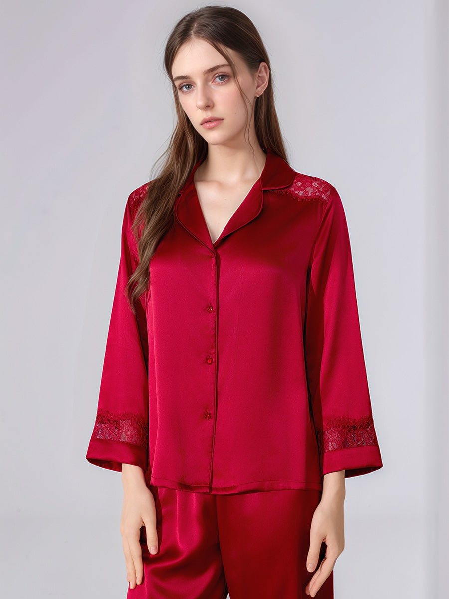 100% Mulberry Silk Hollow Lace Panel 3/4 Sleeve Pajama Set