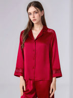 100% Mulberry Silk Hollow Lace Panel 3/4 Sleeve Pajama Set