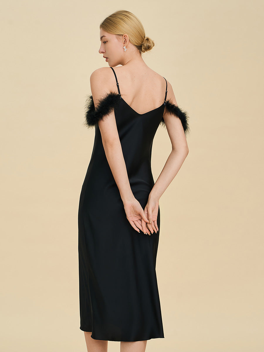 Black Satin Midi Slip Dress with Feather Trim