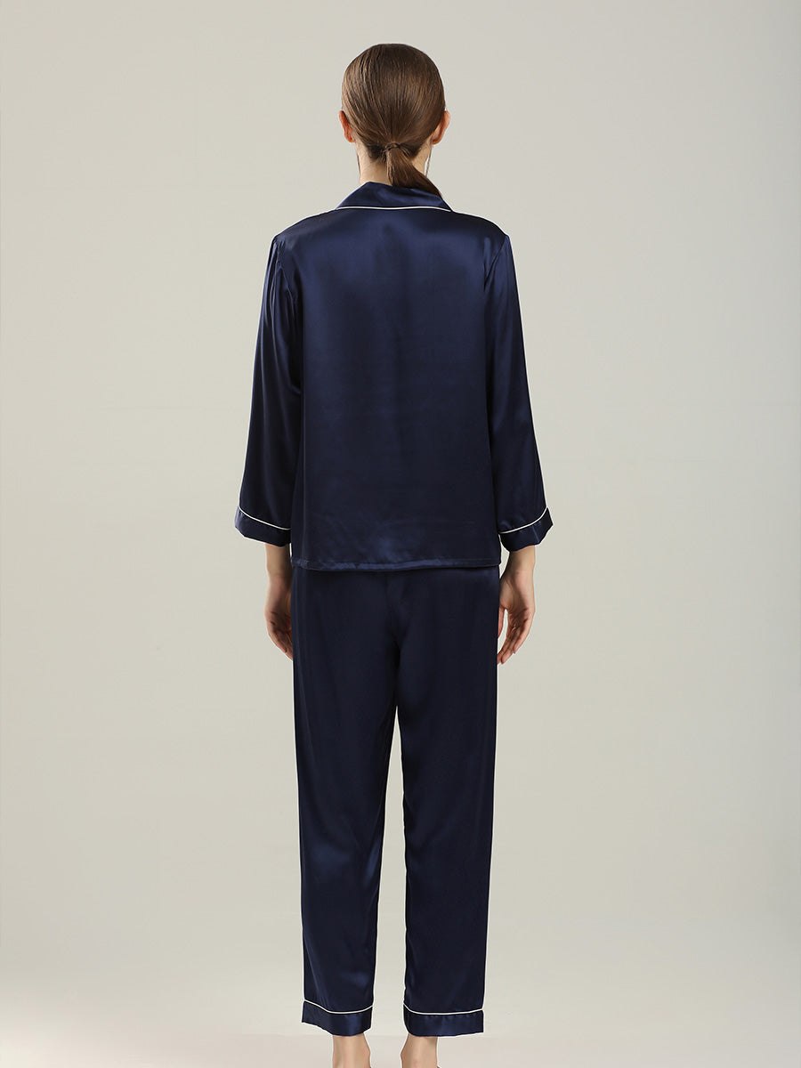19 Momme Silk Long Sleeve Pajama Set with Contrast Piping