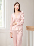 Scalloped Embroidered Bust Button Front Pure Silk Sleepwear Set