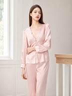 Scalloped Embroidered Bust Button Front Pure Silk Sleepwear Set