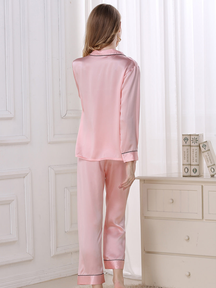 Long Sleeve Mulberry Silk Pajama Set with Contrast Piping