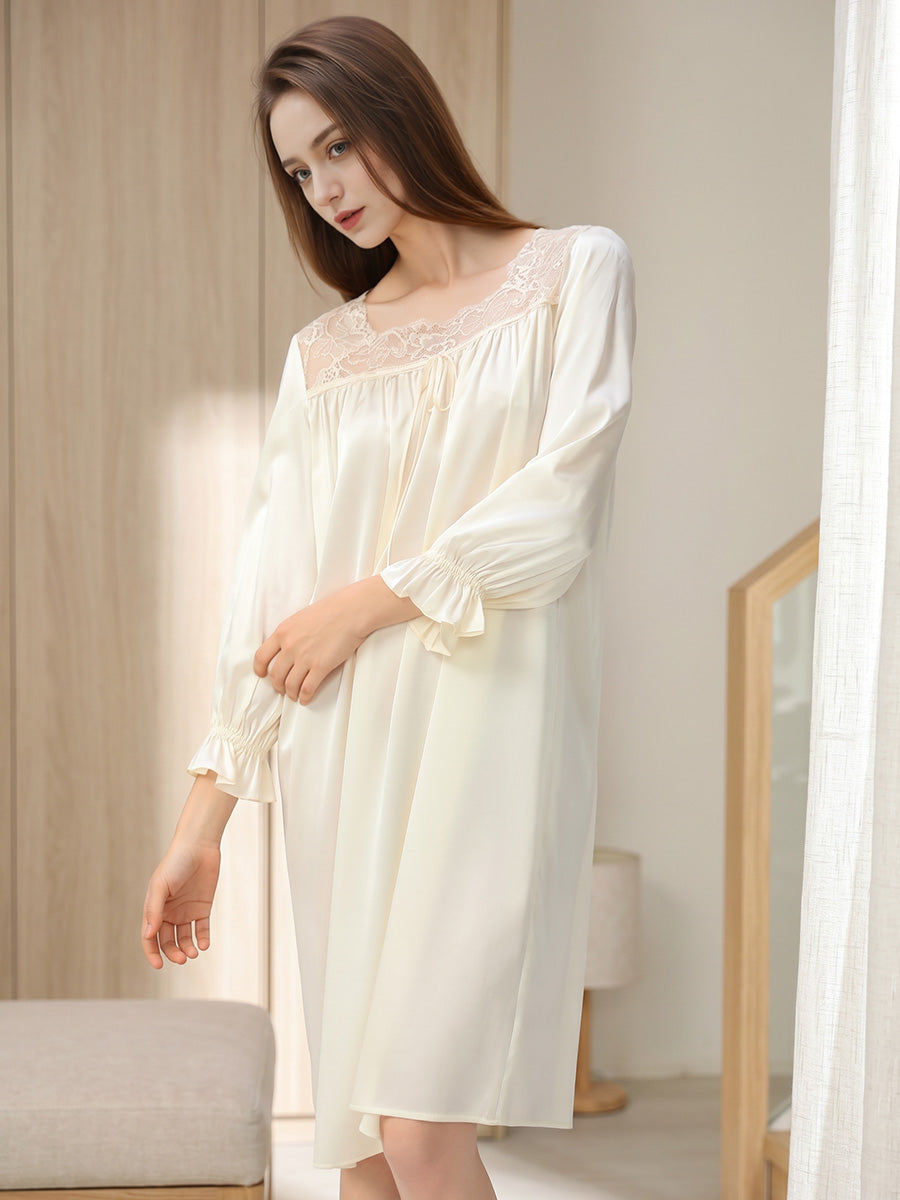 Ruffle Cuff 3/4 Sleeve 100% Pure Silk Elegant Sleep Dress
