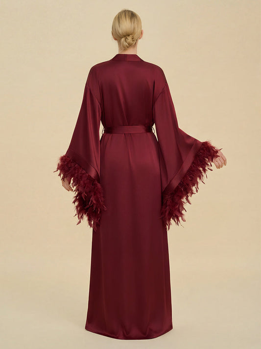 Burgundy Satin Maxi Robe with Oversized Feather Cuffs