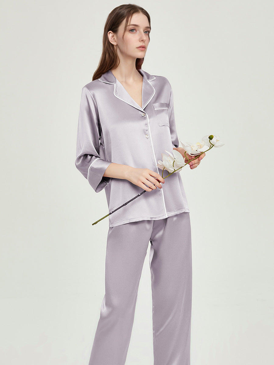 100% Mulberry Silk Contrast Piping 3/4 Sleeve Pajama Set