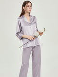 100% Mulberry Silk Contrast Piping 3/4 Sleeve Pajama Set