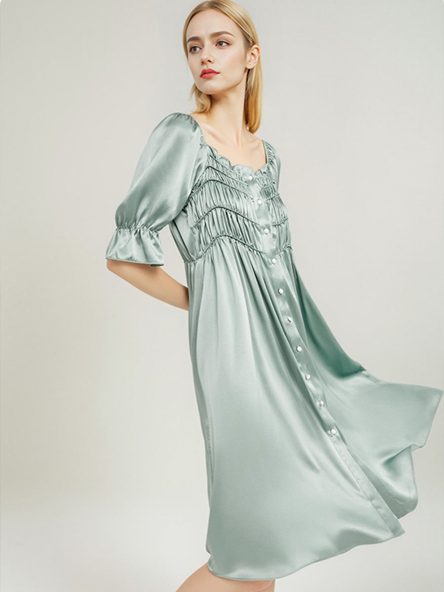Designer Tiered Shirred Front 100% Mulberry Silk Satin Mid-Length Nightdress