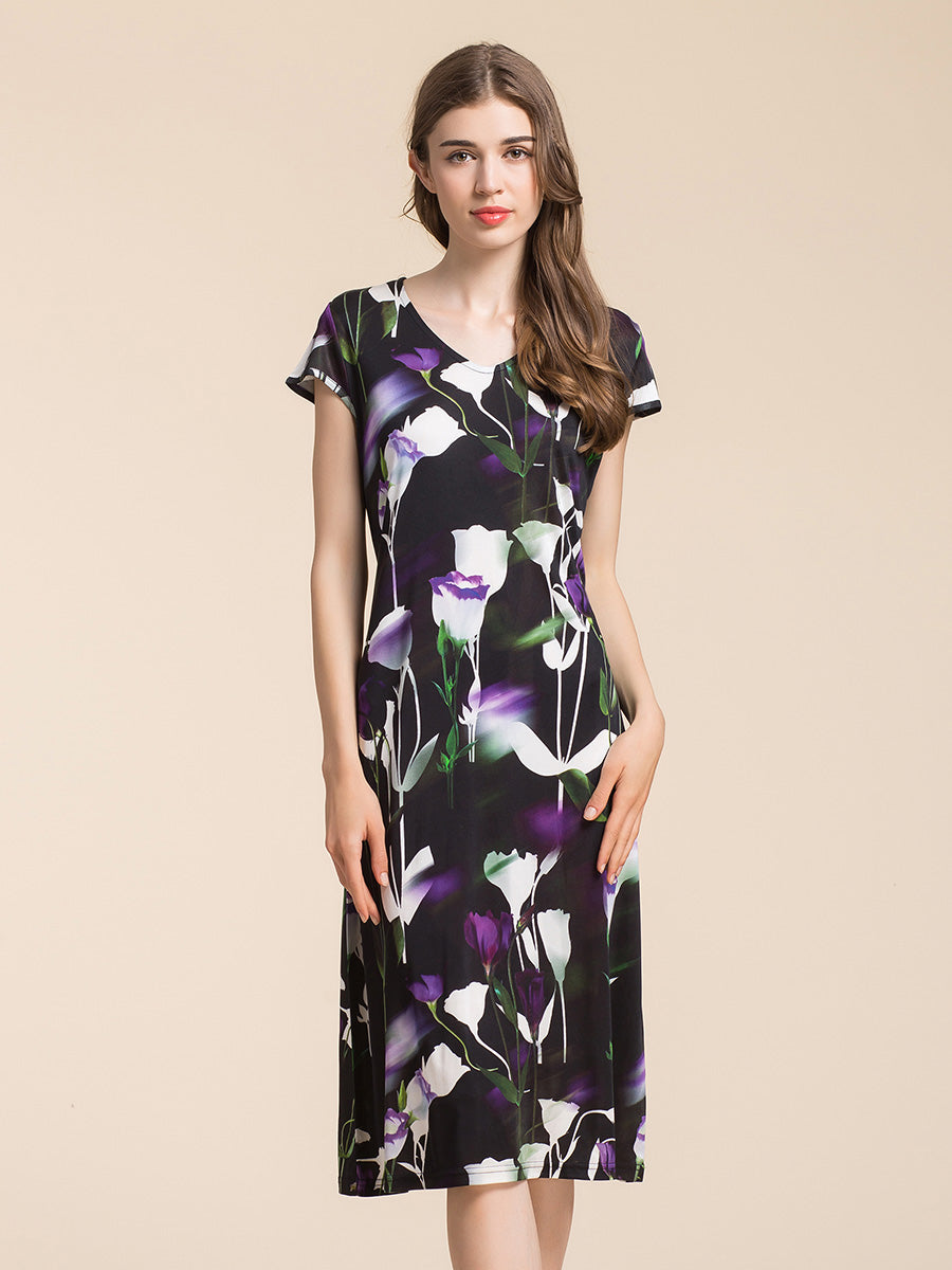 Short Sleeve V-Neck 100% Mulberry Silk Print Dress