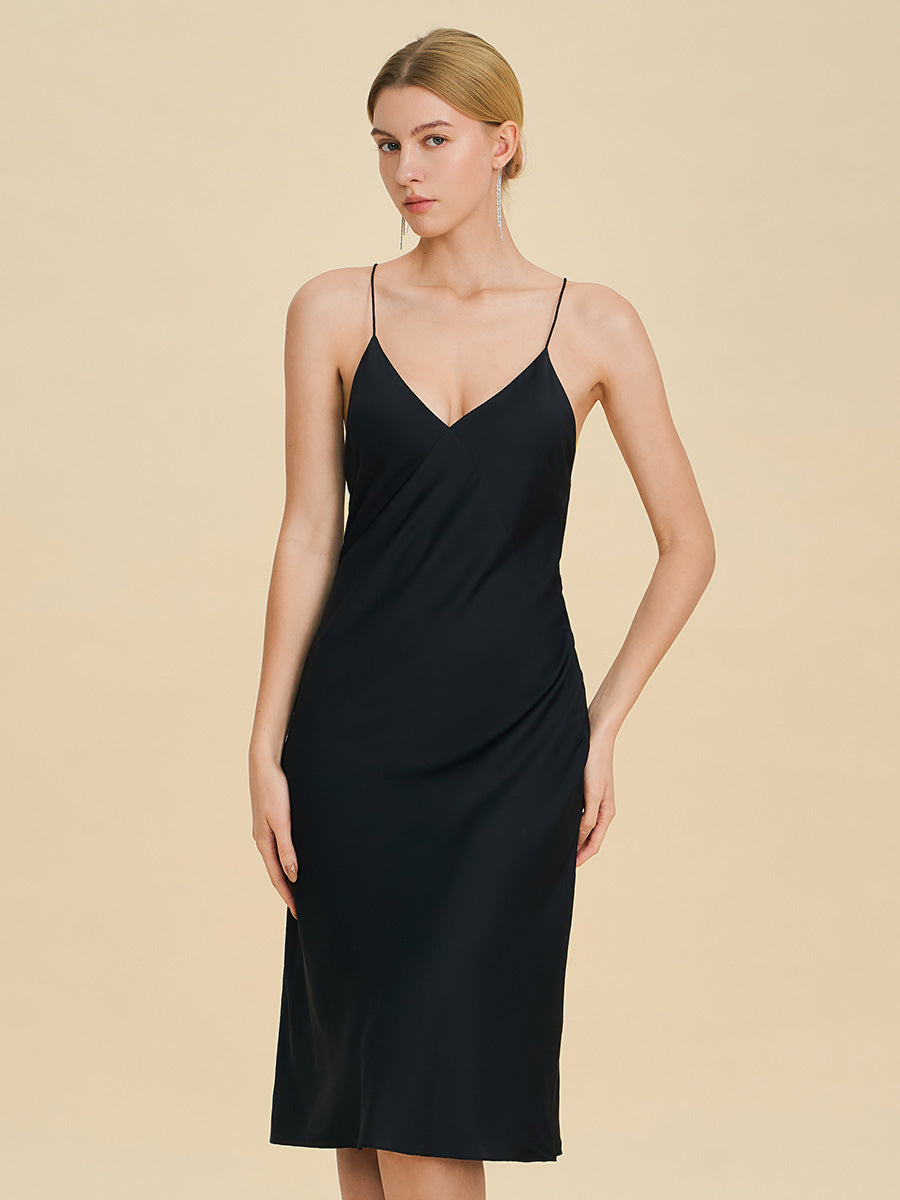 Black Satin Midi Slip Dress with Crisscross Back