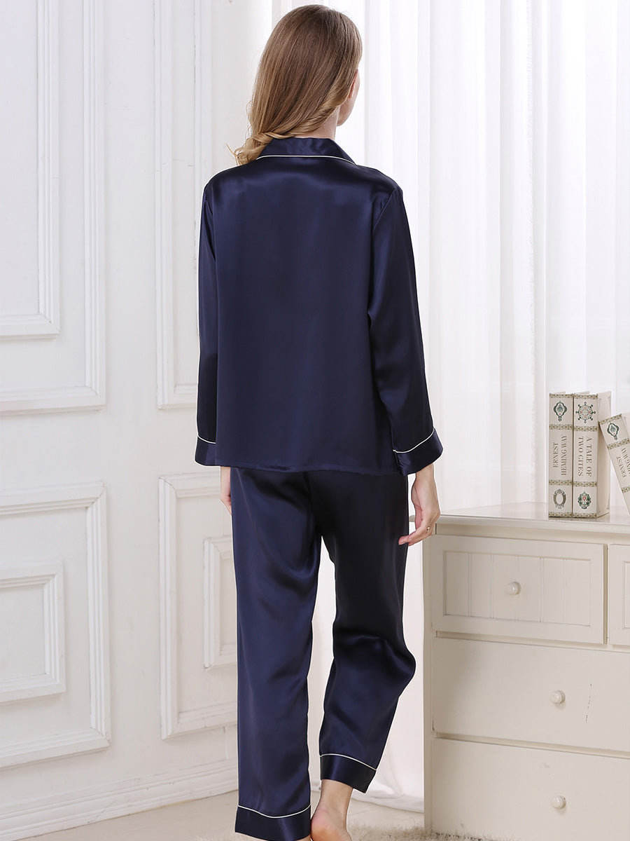 Long Sleeve Mulberry Silk Pajama Set with Contrast Piping