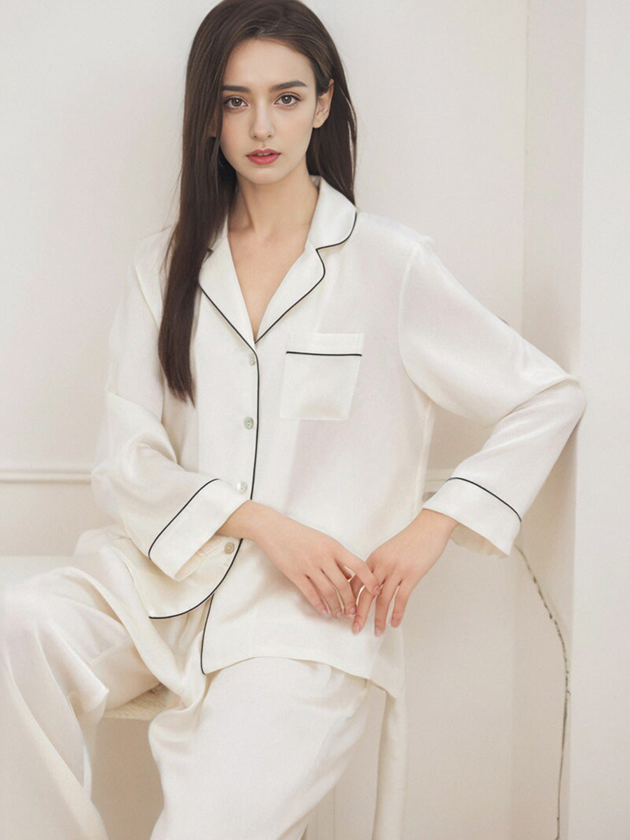 Contrast Piping Notched Collar Long Sleeve Pajama Set