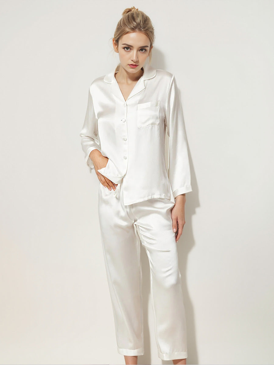 Classic Button Front Top & Long Pants Silk Sleepwear Set