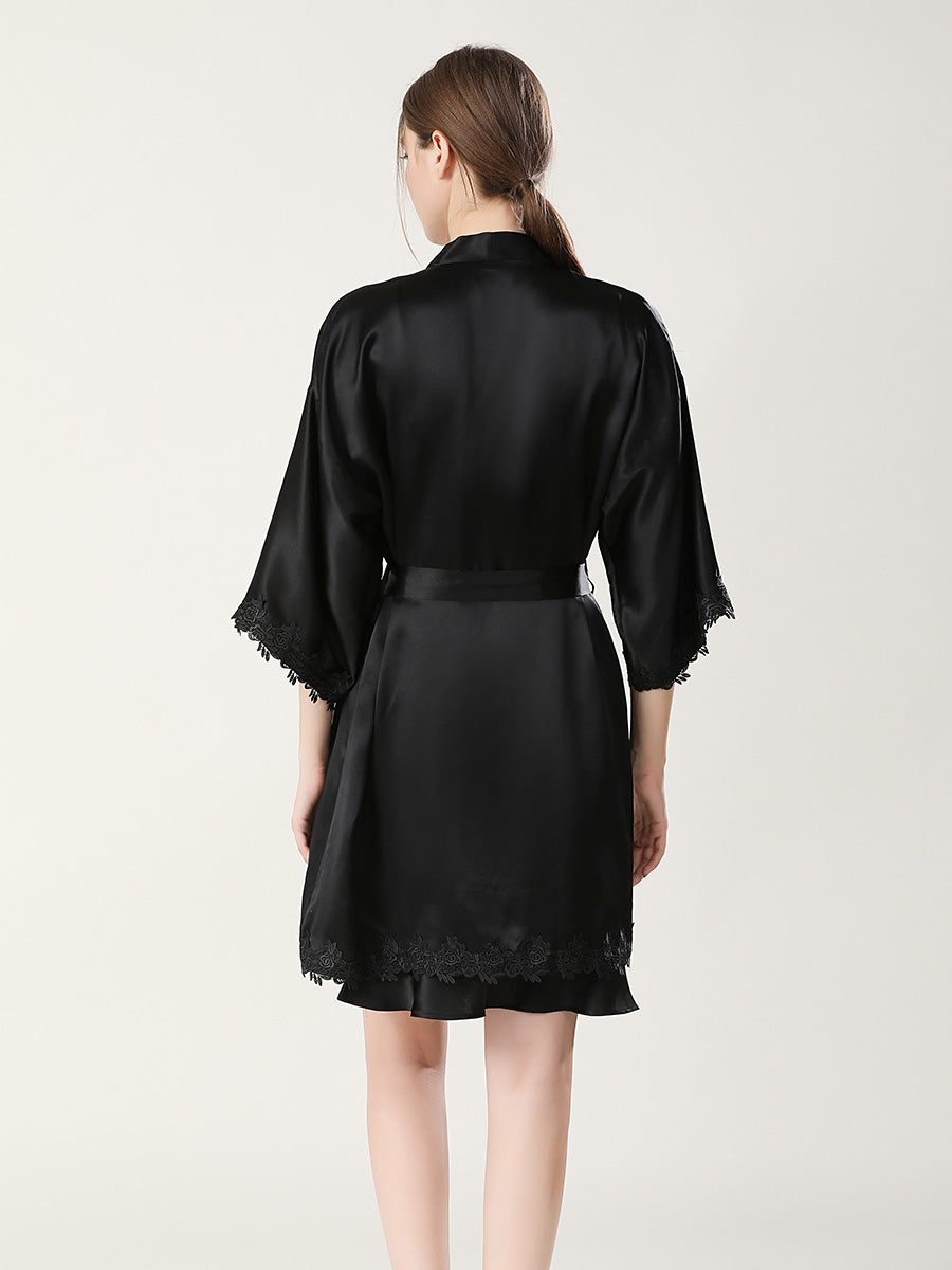 Rose Lace Mulberry Silk Robe and Slip Dress Set