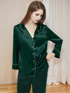 100% Mulberry Silk Rhinestone Trim Notched Collar Pajama Set