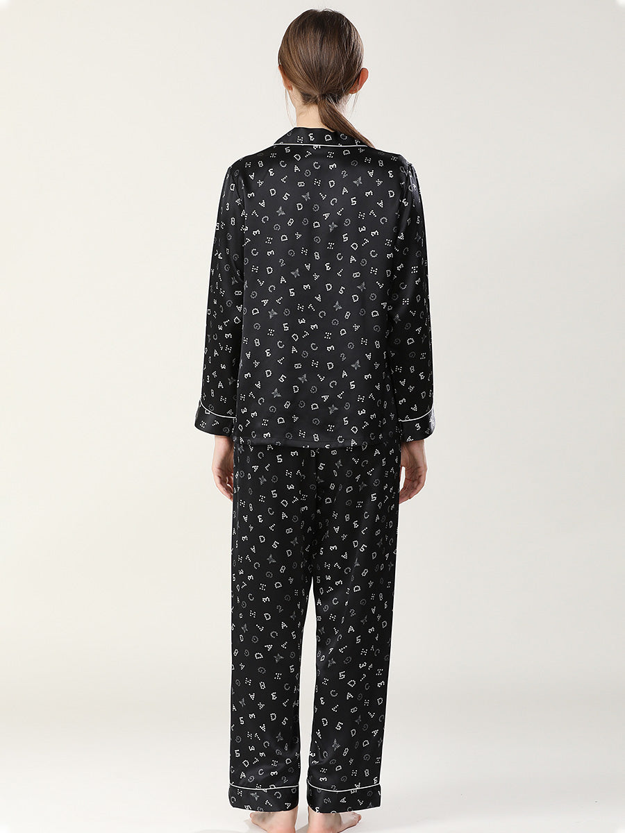 19 Momme Silk Long Sleeve Pajama Set with Letter Print