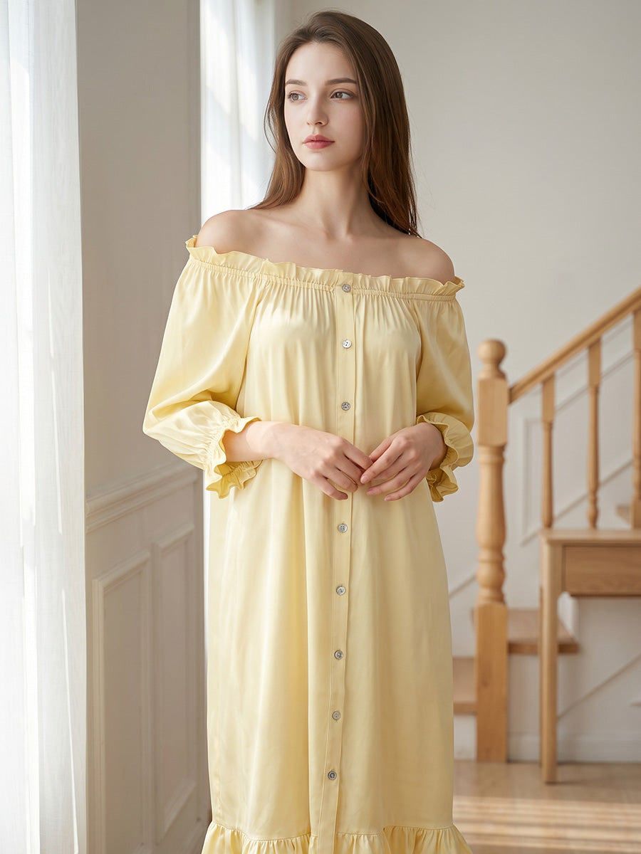 Puff Ruffle Cuff 3/4 Sleeve 100% Pure Silk Sleep Dress