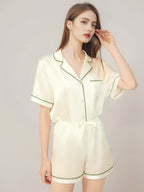 Notched Collar Button Down Top & Shorts Silk Sleepwear Set