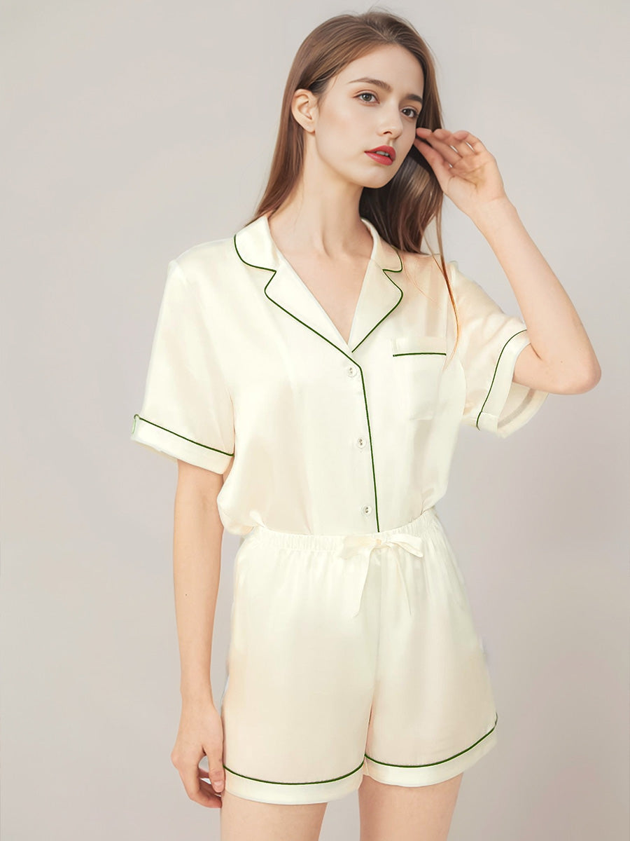Notched Collar Button Down Top & Shorts Silk Sleepwear Set