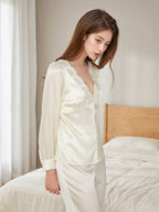 Scalloped Embroidered Bust Button Front Pure Silk Sleepwear Set