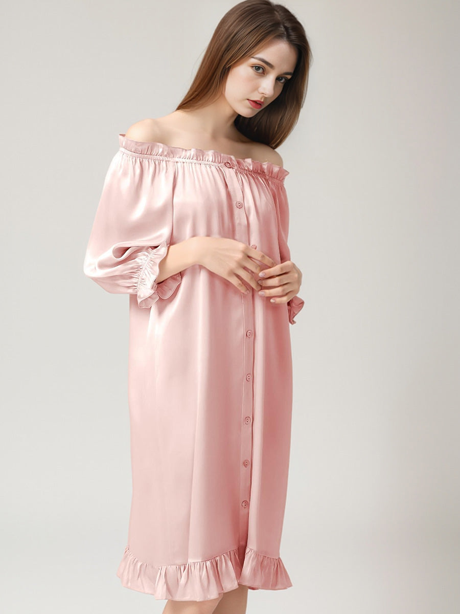 Puff Ruffle Cuff 3/4 Sleeve 100% Pure Silk Sleep Dress