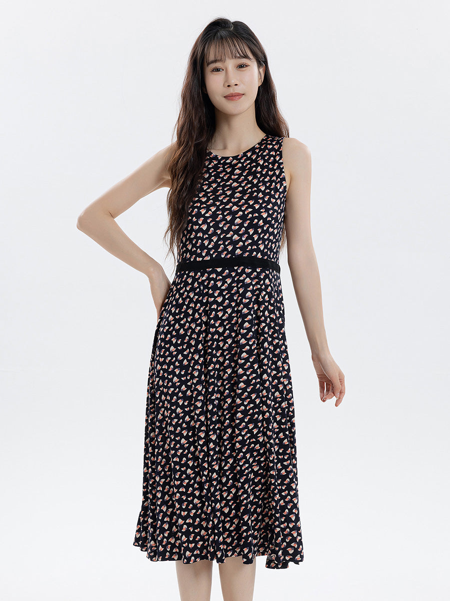 Midi Sleeveless Silk Blend Print Dress