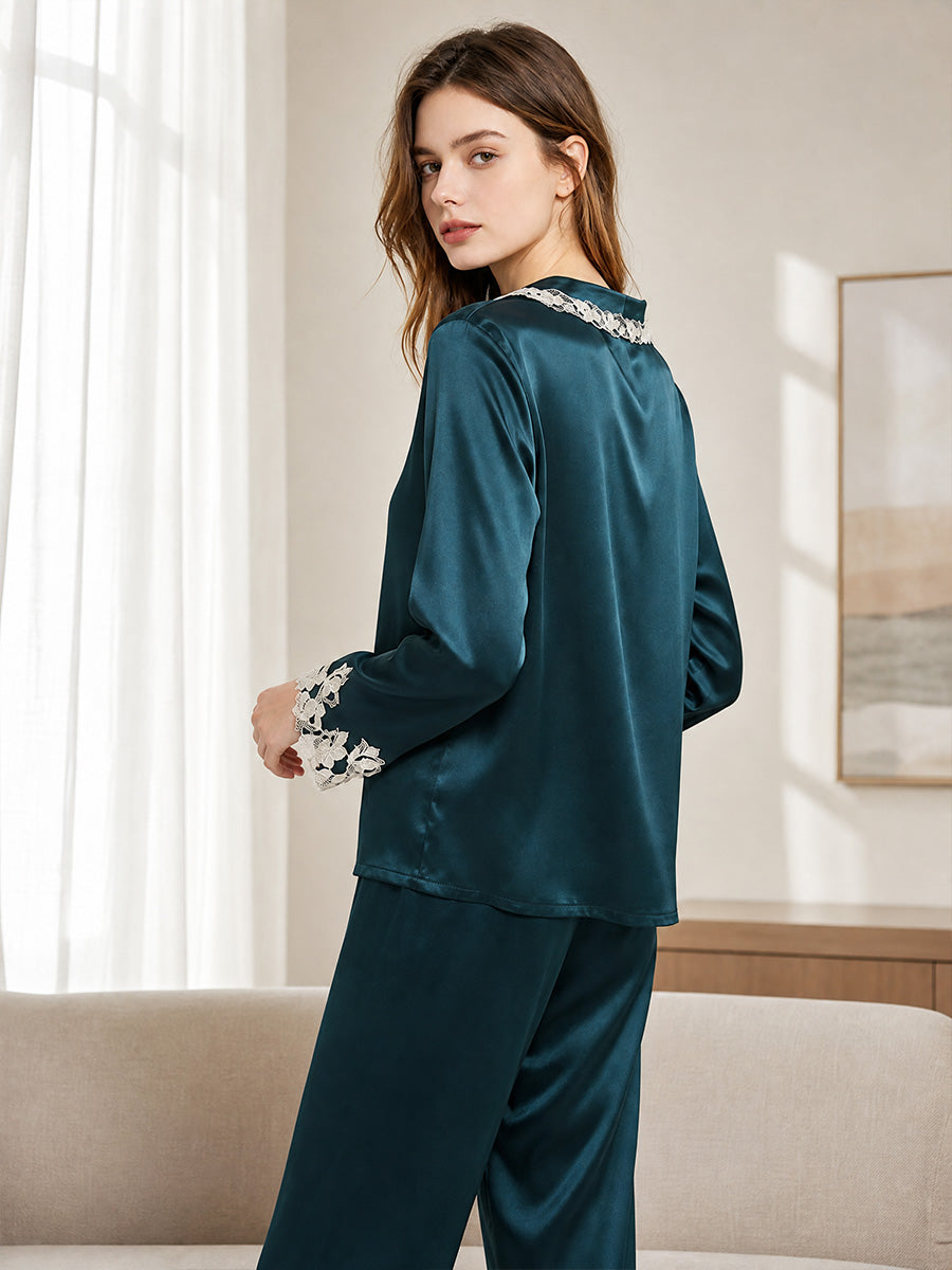 100% Mulberry Silk Lace Trim Notch Collar Pajama Set
