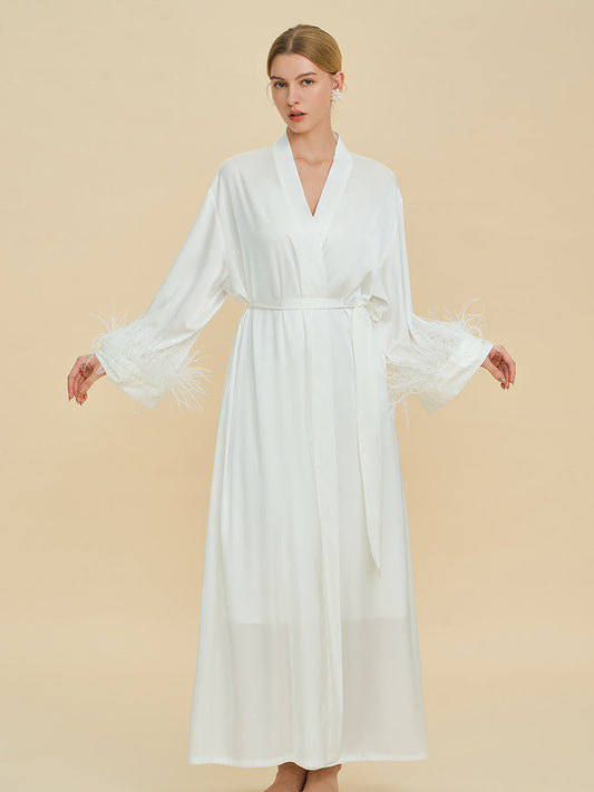 White Satin Maxi Robe with Feather Cuffs