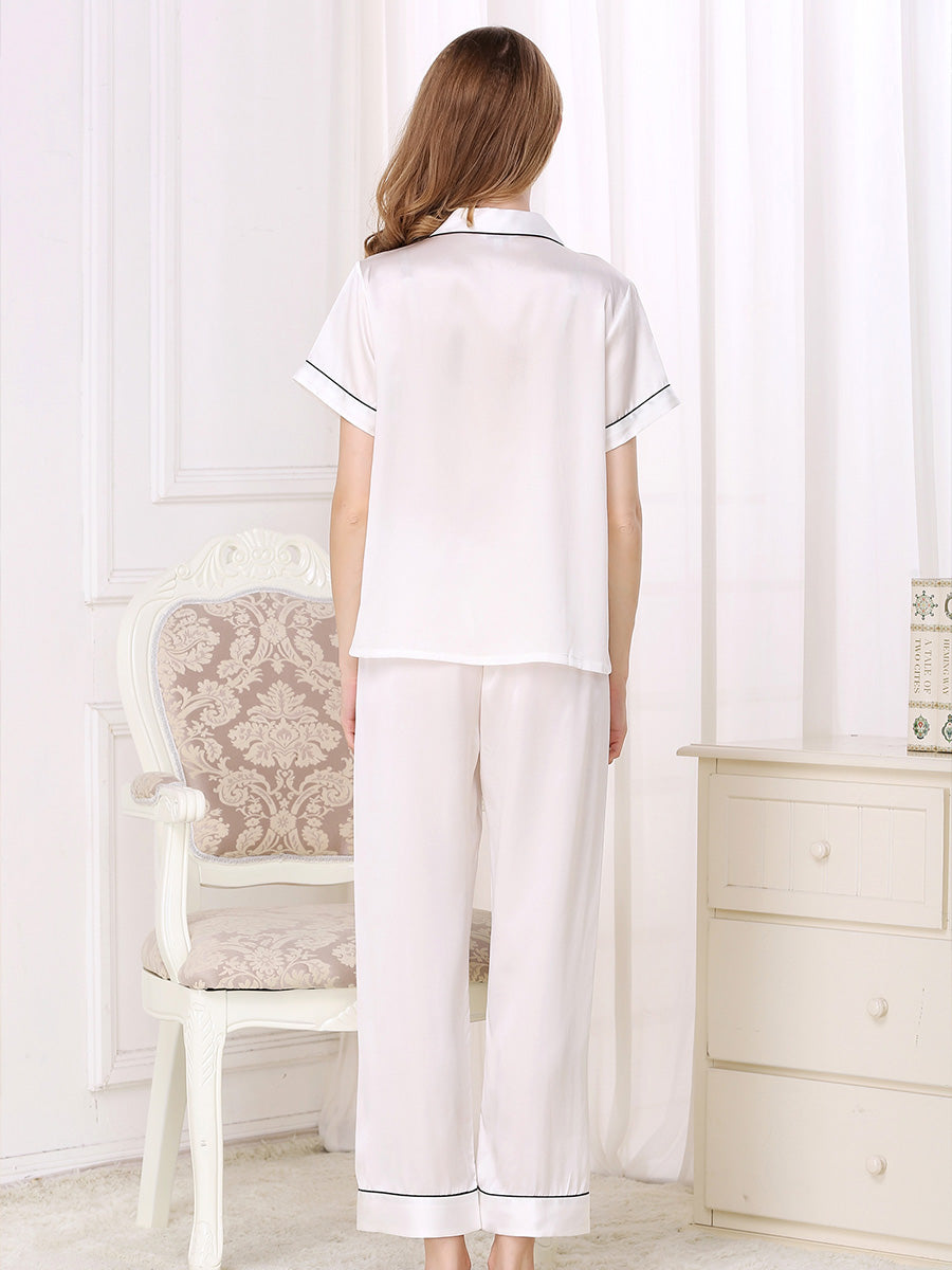 Short Sleeve Mulberry Silk Pajama Set with Contrast Piping