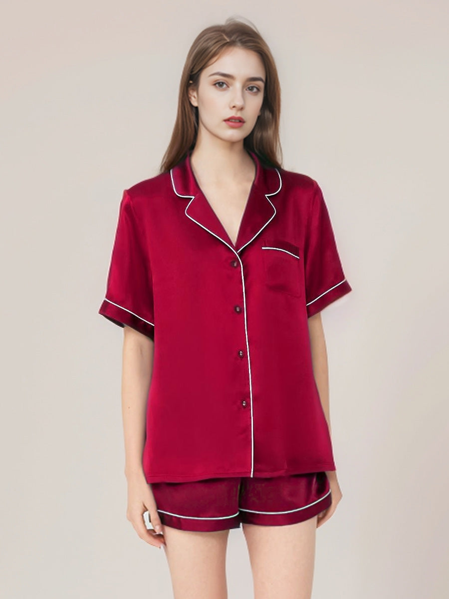Notched Collar Button Down Top & Shorts Silk Sleepwear Set