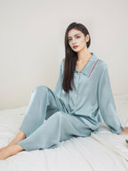 Contrast Trim Notched Collar Long Sleeve Pajama Set