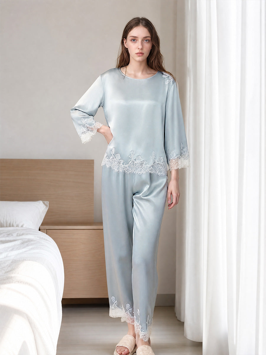 100% Mulberry Silk 3/4 Sleeve Pajama Set with Scalloped Lace Trim