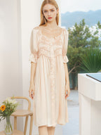 Designer Tiered Shirred Front 100% Mulberry Silk Satin Mid-Length Nightdress