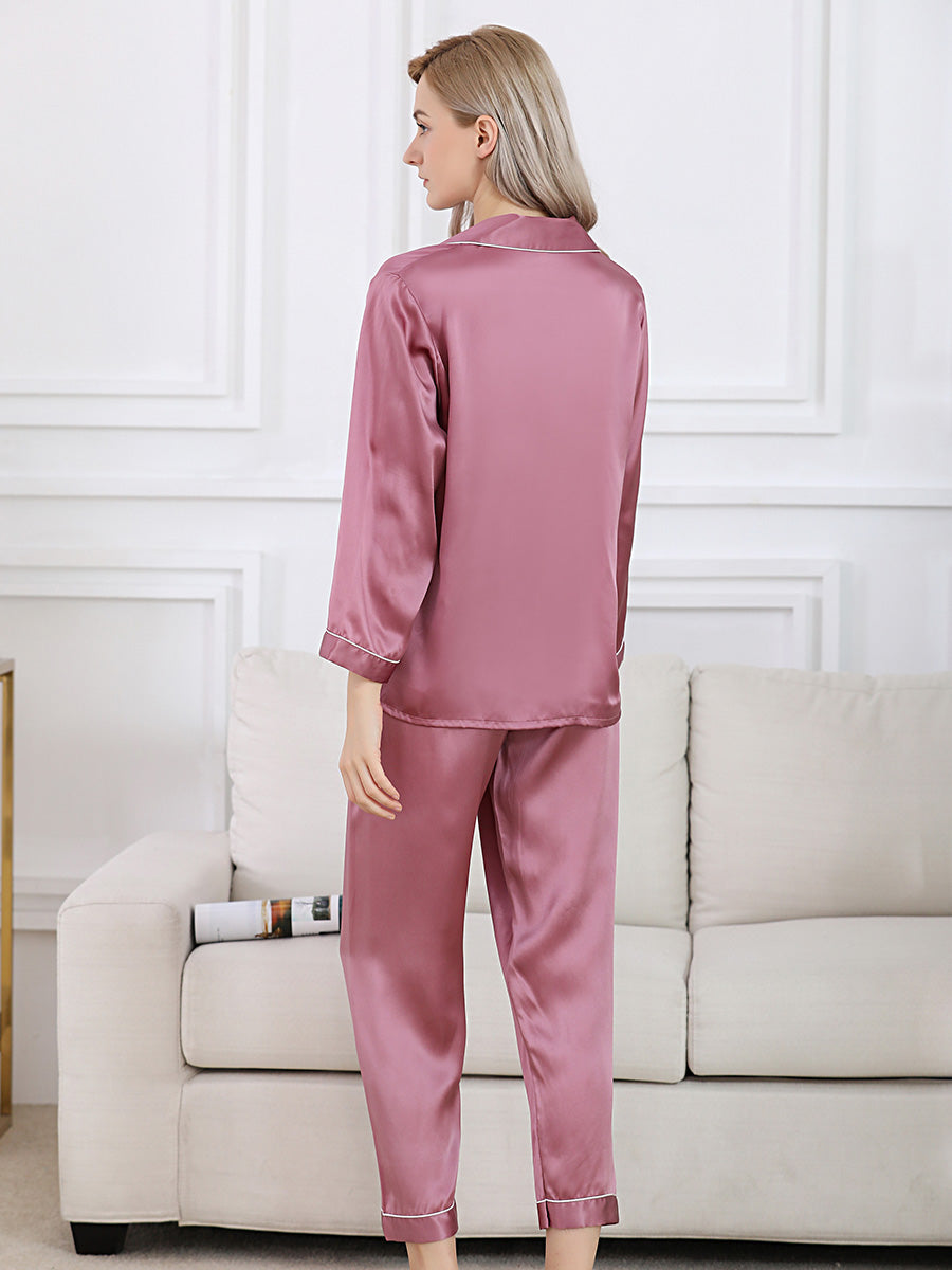 Long Sleeve Mulberry Silk Pajama Set with Contrast Piping
