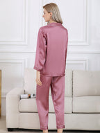 Long Sleeve Mulberry Silk Pajama Set with Contrast Piping