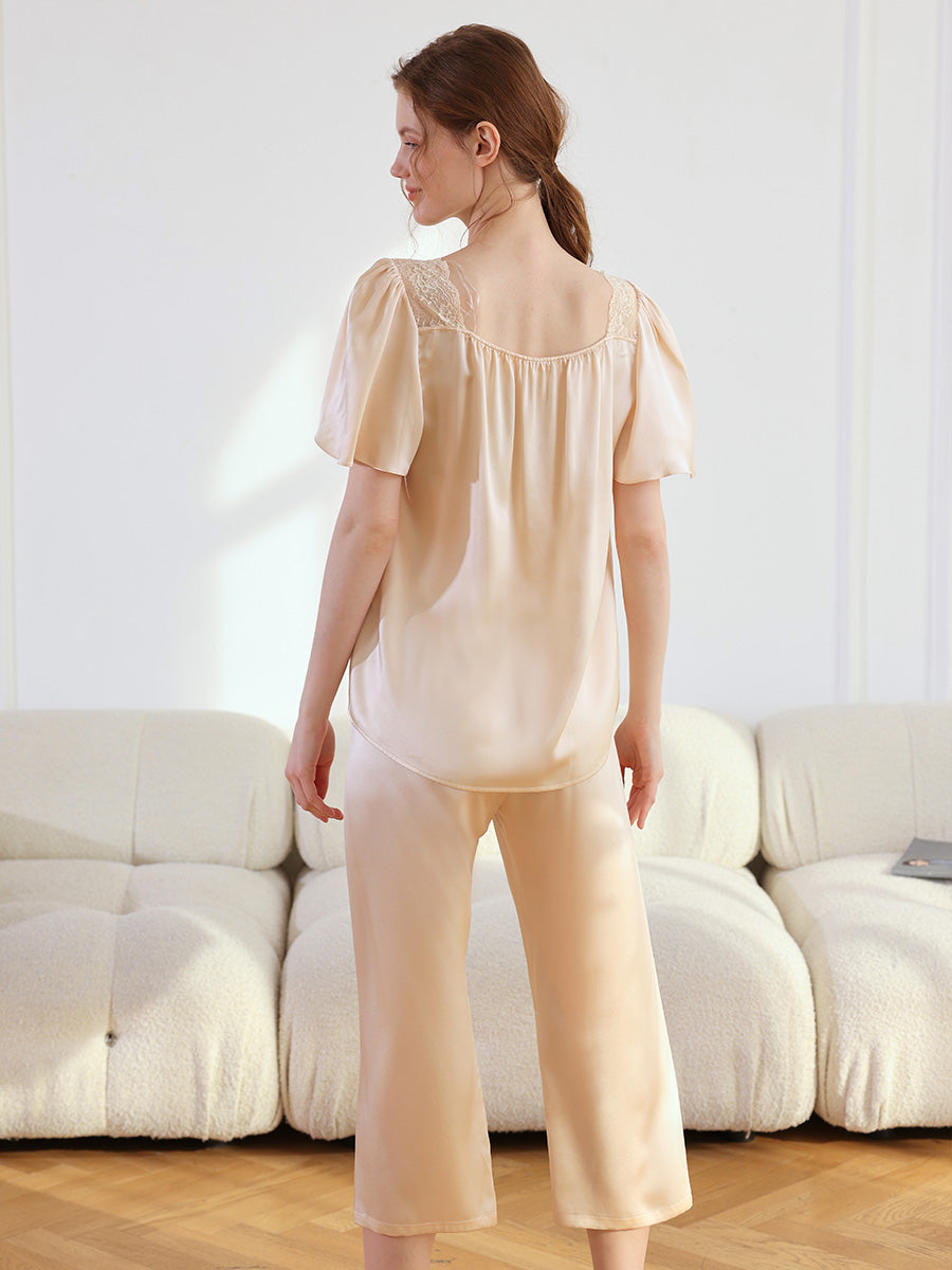 19 Momme Silk Pajama Set with Lace Yoke