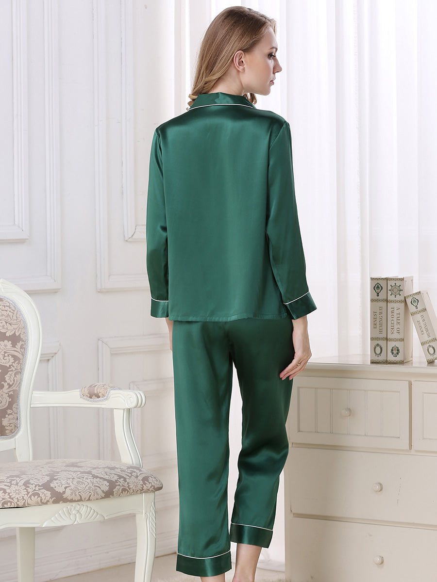 Long Sleeve Mulberry Silk Pajama Set with Contrast Piping