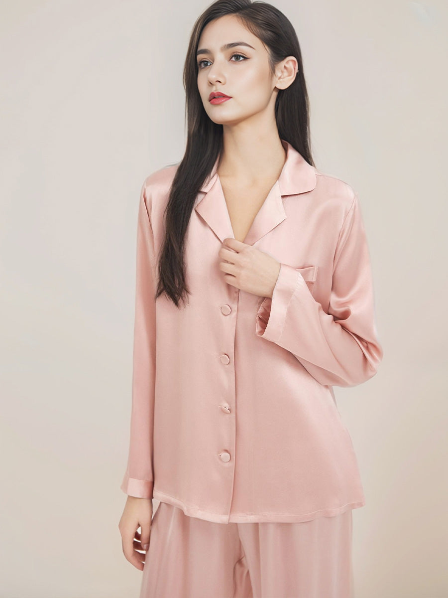 Classic Button Front Top & Long Pants Silk Sleepwear Set