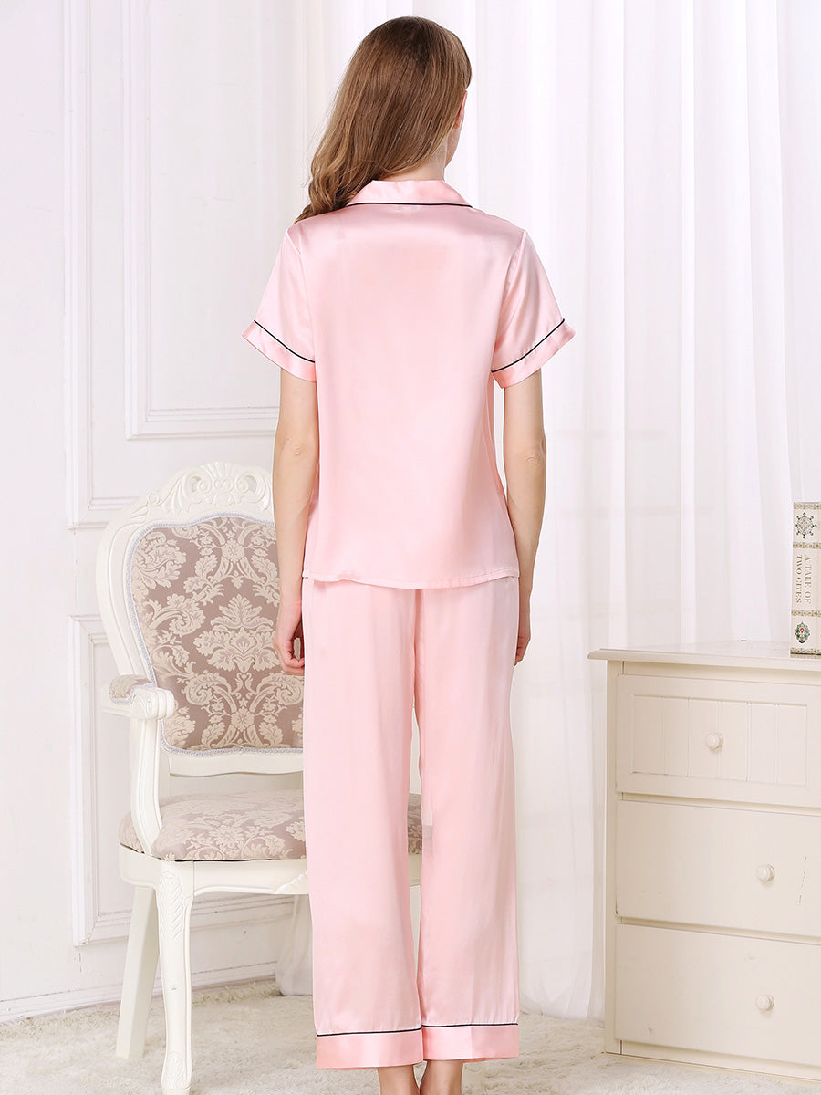 Short Sleeve Mulberry Silk Pajama Set with Contrast Piping