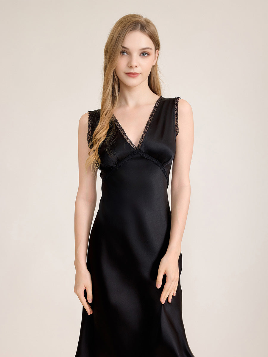 Eyelash Lace Trim 100% Pure Silk Mid-Length Sleep Dress