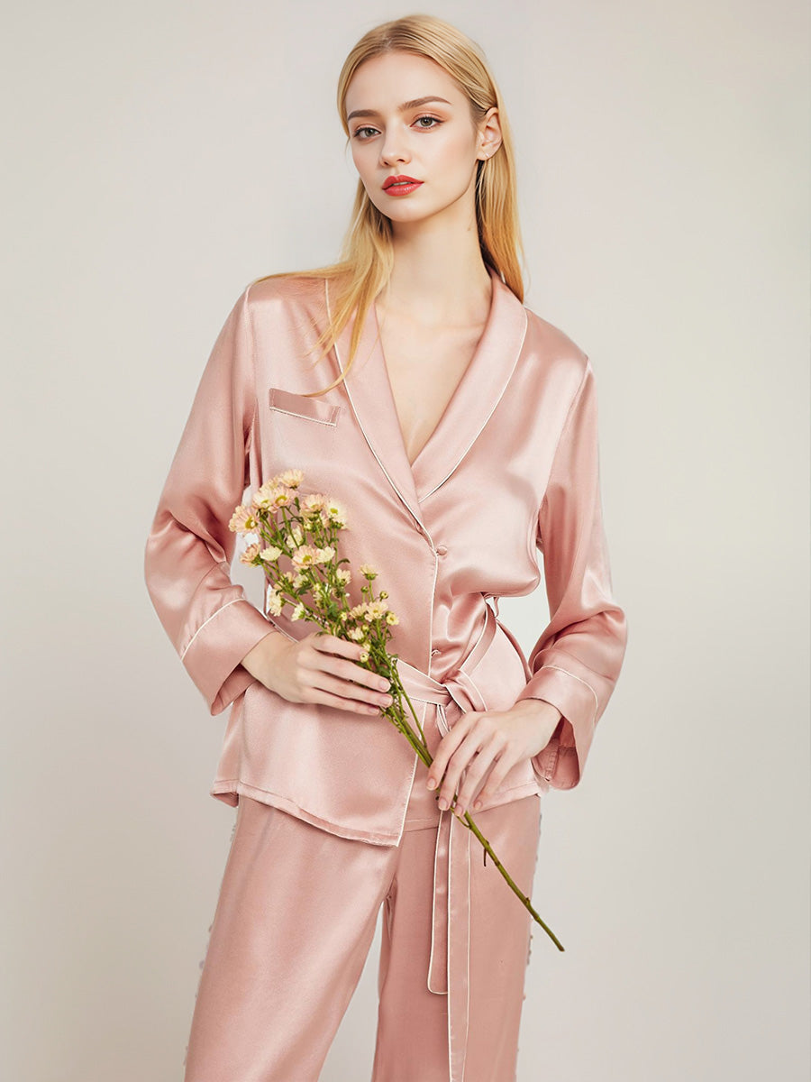 100% Mulberry Silk Wrap Belted Pajama Set Contrast Piping Trim